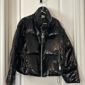 Black Michael Kors Sequin-Embellished Puffer Jacket